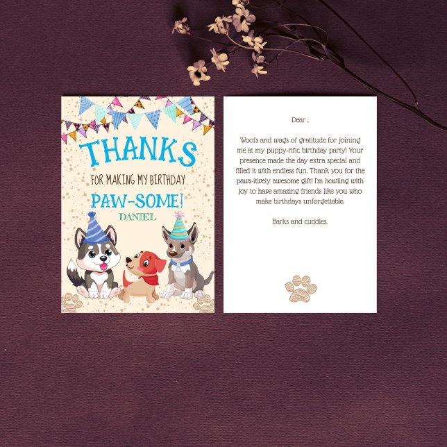 Carte De Remerciements De mignons chiots fête des chiots faisons la fête (Cute puppies puppy party let's paw-ty thank you card birthday thank you card blue for boys)