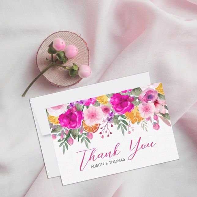 Carte de remerciements de printemps Fleur sauvage  (watercolor flowers in shades of pink and white in rustic garden greenery. #springbloomflowers)