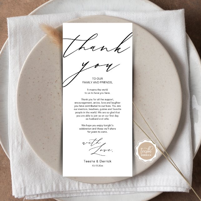 Carte de remerciements de réglage minimaliste du M (Wedding Dinner Place Setting Thank You Card, Plate Decor, in Modern Gentle Script, Black themed.)