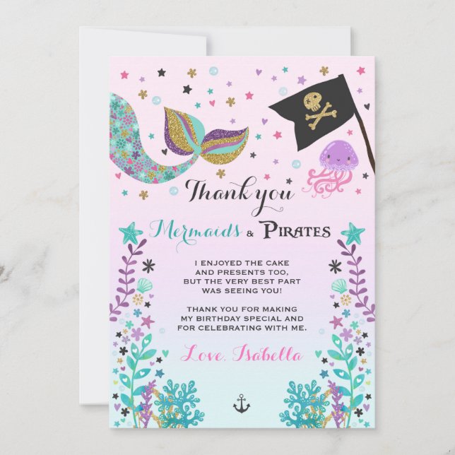Carte de remerciements de sirène et de pirate (Devant)