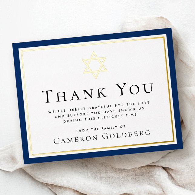 Carte de remerciements de sympathie bleu foncé (Jewish star foil dark blue sympathy thank you card)
