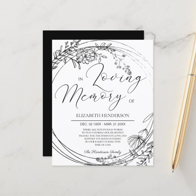 CARTE DE REMERCIEMENTS de sympathie BUDGET. Feuill (Devant/Arrière en situation)