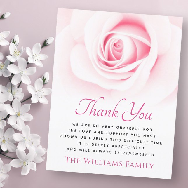 Carte de remerciements de sympathie funéraire rose (Pink rose funeral sympathy thank you card)