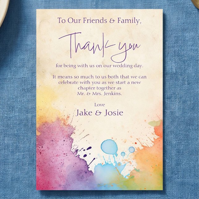 Carte de remerciements de table Mariage pour éclat (Bright paint splashes Wedding Table thank you card.)