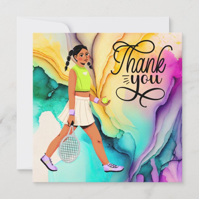 Carte de remerciements de tennis avec femme joueur (Devant)