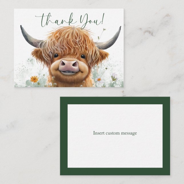 Carte de remerciements de vache Highland à fleurs  (Devant / Derrière)