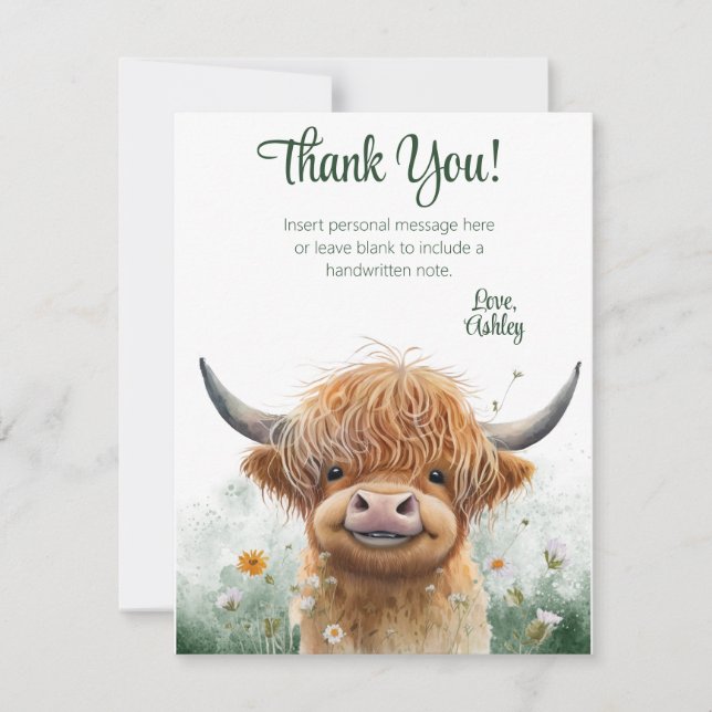 Carte de remerciements de vache Highland à fleurs  (Devant)
