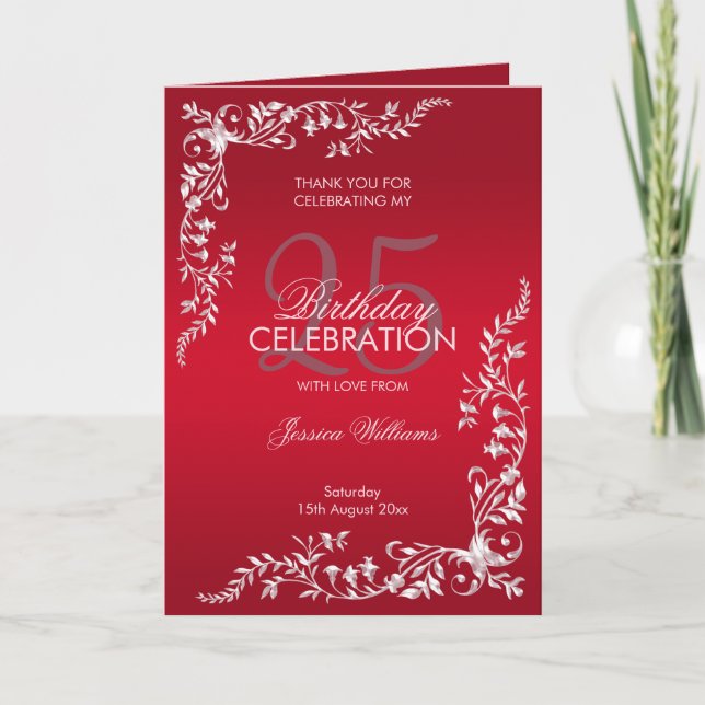 Carte De Remerciements Décoration rouge rubis 25e anniversaire (Devant)