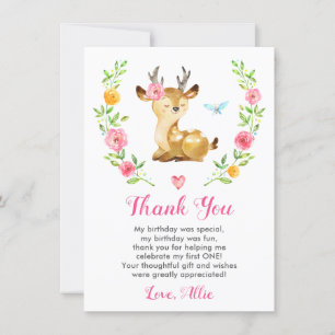 Carte De Remerciements Deer Baby Girl First Birthday Party Doe Floral