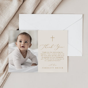 Carte De Remerciements Délicat Gold Cream Photo Simple Cross Baptême