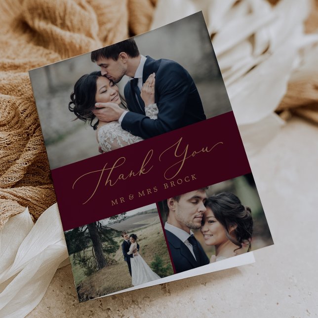 Carte De Remerciements Delicate Gold Calligraphy Bourgogne 3 Photo Collag (Créateur téléchargé)