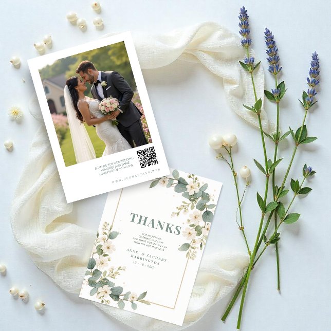 Carte De Remerciements Delicate Romantic Flowers & Branches Frame Wedding (Delicate Romantic Flowers and Branches Frame Wedding Thank You Cards with Back Photo and QR Code. )