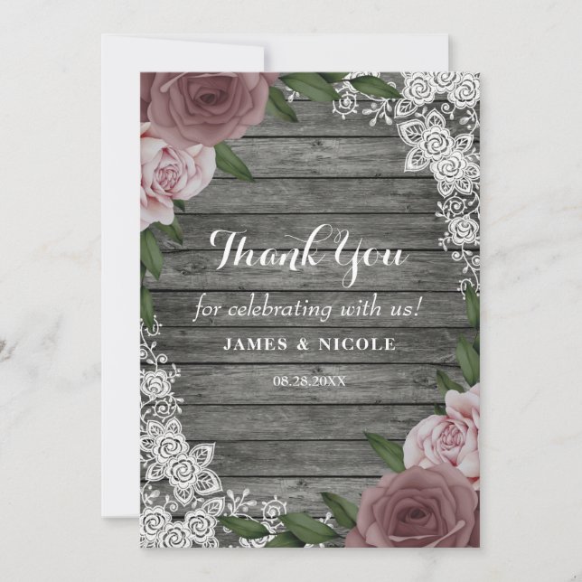 Carte De Remerciements Dentelle de bois rustique Mariage Floral rose Rose (Devant)