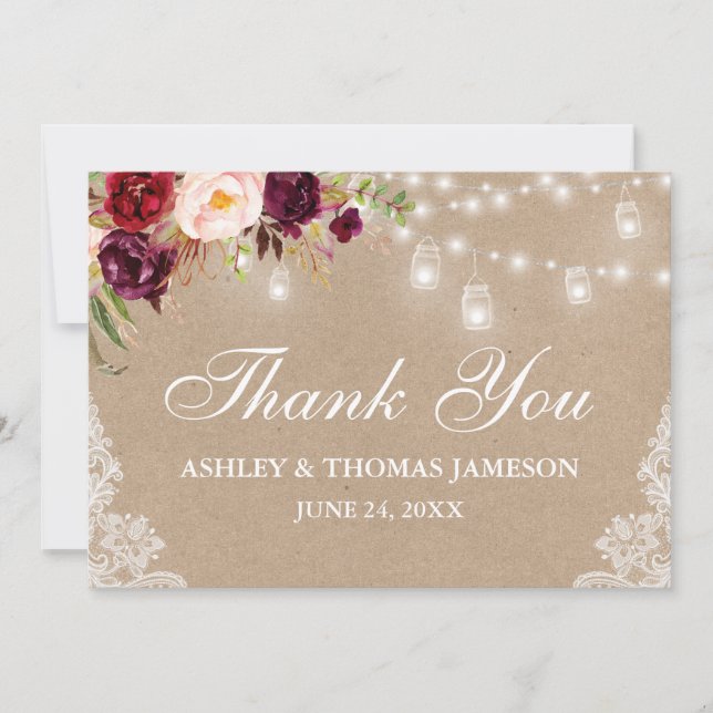 Carte De Remerciements Dentelle de lumière Kraft Rustique Mariage Floral  (Devant)