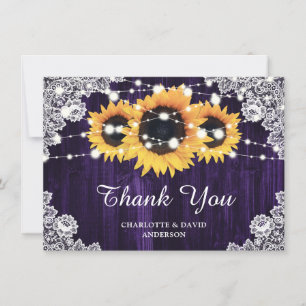 Carte De Remerciements Dentelle de tournesol rustique Mariage pourpre