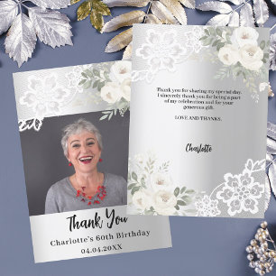 Carte De Remerciements Dentelle florale blanche en argent photo d'anniver