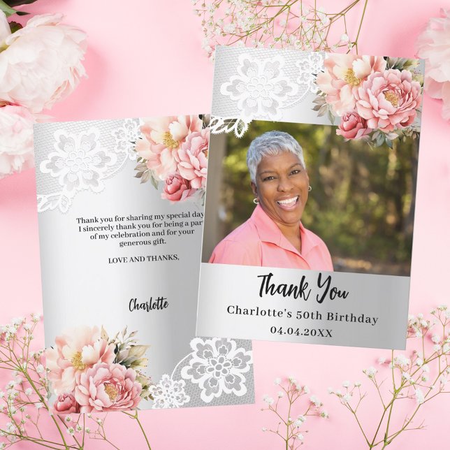 Carte De Remerciements Dentelle florale rose argent photo d'anniversaire (Créateur téléchargé)