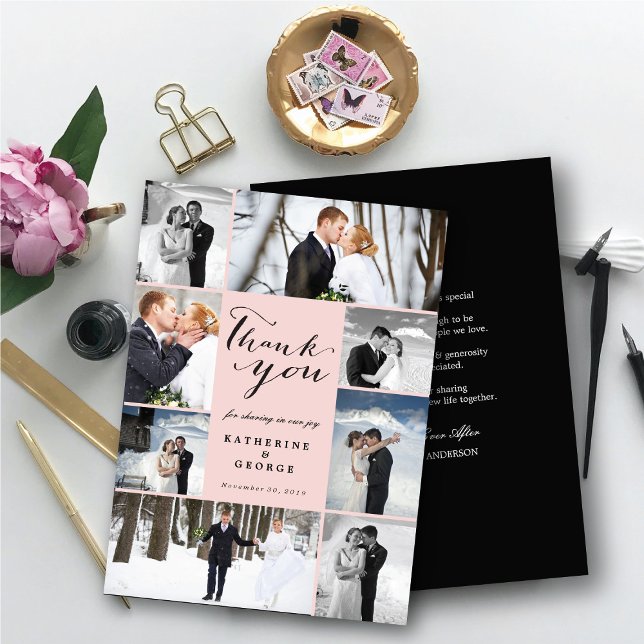 Carte De Remerciements Design Mariage moderne de 8 photos rose (Modern Classy Script 8 Multi Photo Collage Stylish Wedding Thank You Card @ fatfatin_blue_knot)