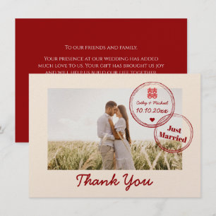 Carte De Remerciements Destination rouge mariage double bonheur photo