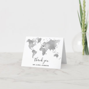 Carte De Remerciements Destination World Map argent Coeur amovible