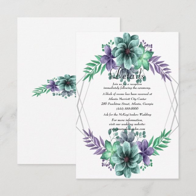 Carte De Remerciements Détails de mariage floral aquarelle vert et violet (Devant / Derrière)