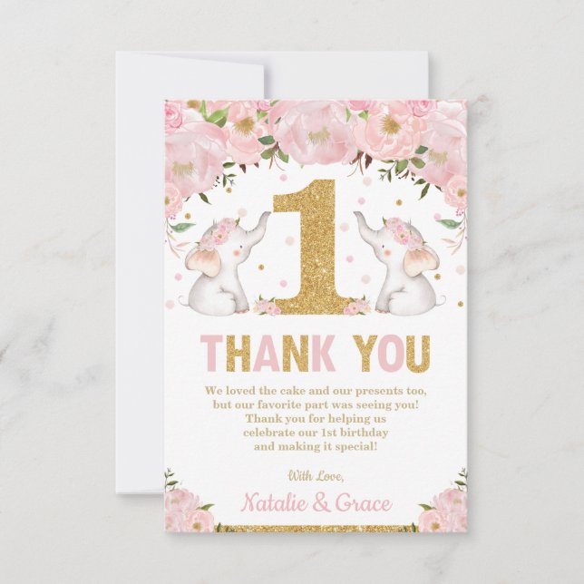 Carte De Remerciements Deux bébés filles 1er anniversaire Eléphant floral (Devant)