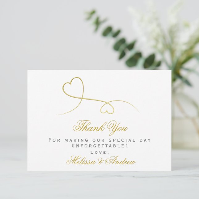 Carte De Remerciements Deux Coeurs Or Élégants | MARIAGE (Debout devant)