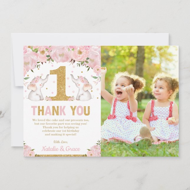 Carte De Remerciements Deux filles : 1er anniversaire avec une photo d'él (Devant)
