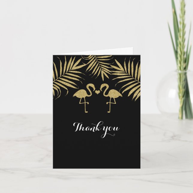 Carte De Remerciements Deux Flamants roses Love Black & Gold Mariage Card (Devant)