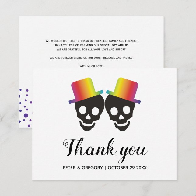 Carte De Remerciements Deux mariés et confettis mariage gay (Devant / Derrière)