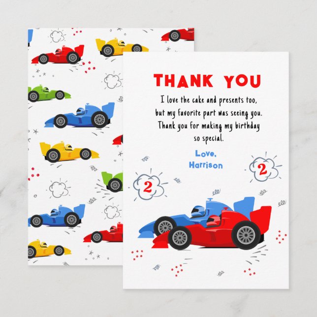 Carte De Remerciements Deux voitures de course de 2e anniversaire rapides (Devant / Derrière)