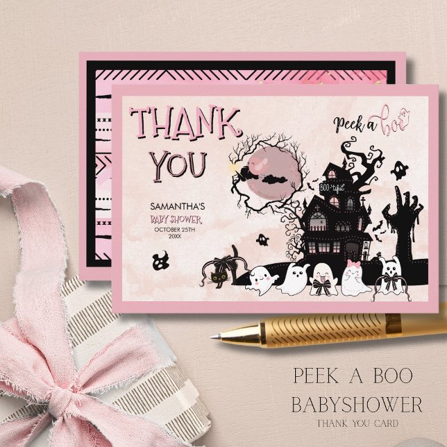 Carte de remerciements d'Halloween rose - Citrouil (Pink Halloween Thank You Card - Pumpkin & Ghosts)