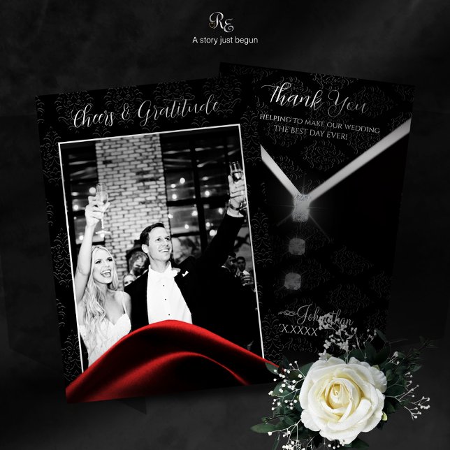 Carte de remerciements Diamant Cravate noire (A chic way to say thank you with a photo keepsake on the front, bow tie elegance on the back.)