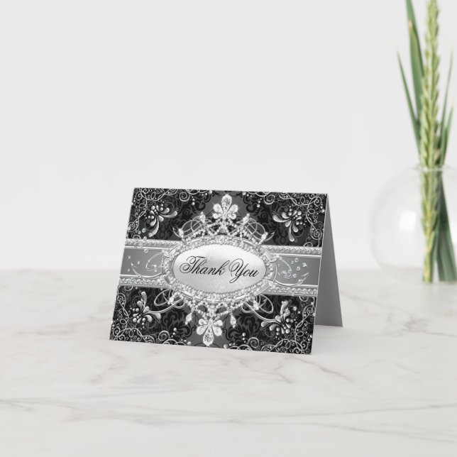 Carte de remerciements diamant et noir Damas (Devant)