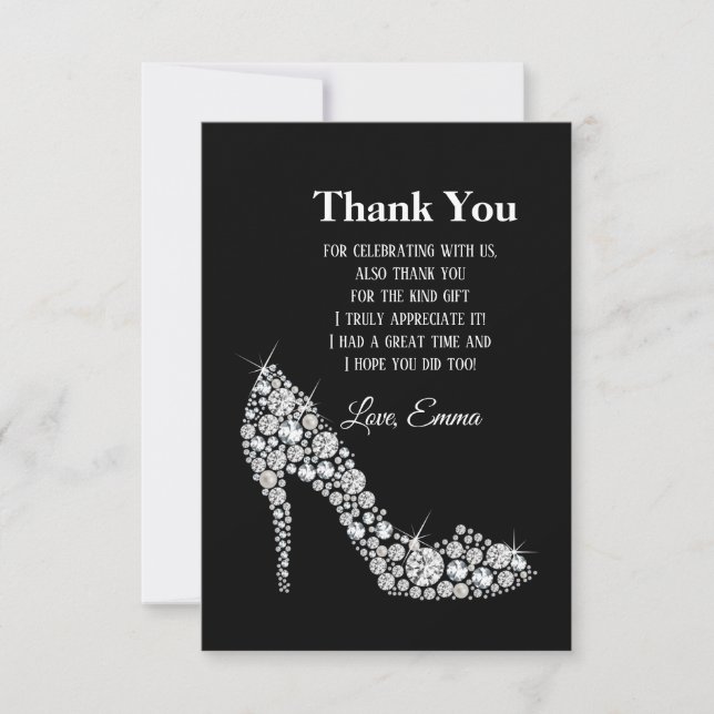 Carte De Remerciements diamant talons hauts parties scintillant élégant m (Devant)