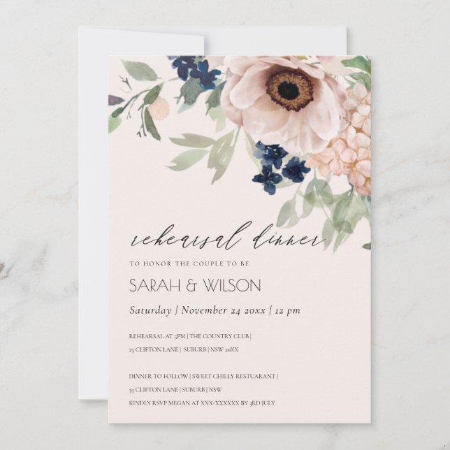 Carte De Remerciements Dîner de répétition Floral Anémonique Blush Navy I (Devant)