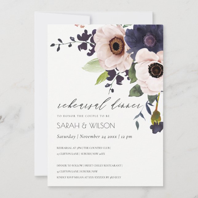 Carte De Remerciements Dîner de répétition Floral Anémonique Blush Navy I (Devant)