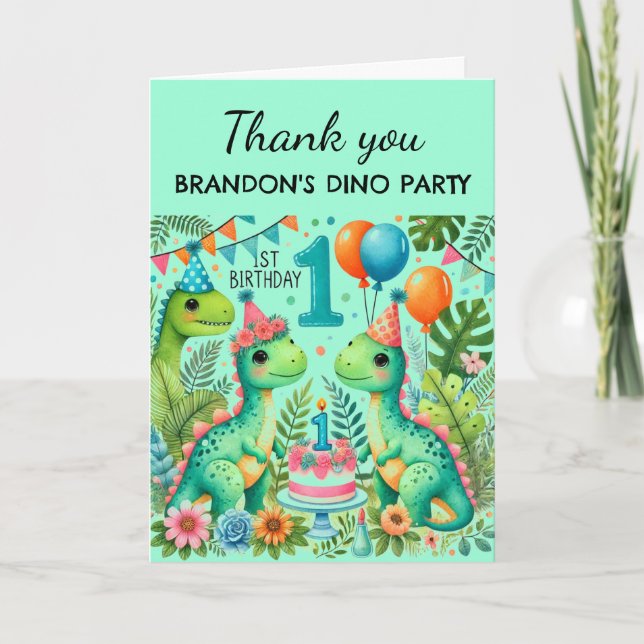 Carte De Remerciements Dinosaur 1er anniversaire fête Boy Dino Cute (Devant)