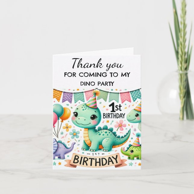 Carte De Remerciements Dinosaur 1er anniversaire fête Boy Dino Cute (Devant)