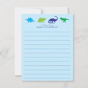 Carte De Remerciements Dinosaur bleu Cute Kid's Dino Flat Stationnaire Ca
