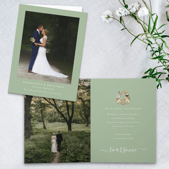 Carte De Remerciements Dinosaur Thème Mariage Photo Sage Vert (Dinosaur theme wedding photo thank you sage green folded card T-Rex dino bride and groom elegant )