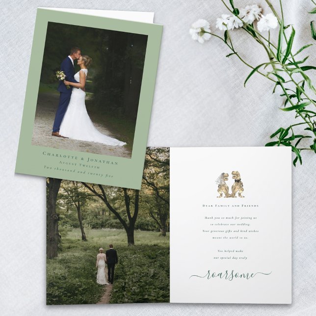 Carte De Remerciements Dinosaur Thème Mariage Photo Sage Vert (Dinosaur theme wedding photo thank you sage green folded card T-Rex dino bride and groom elegant )