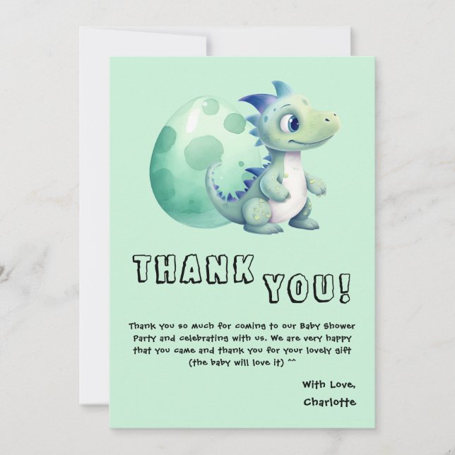 Carte De Remerciements Dinosaure Bébé mignon avec son Baby shower d'oeufs (Devant)