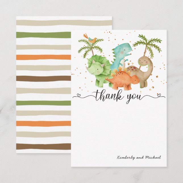 Carte De Remerciements Dinosaures Aquarelle Anniversaire | Baby shower Me (Devant / Derrière)