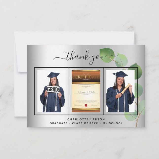 Carte De Remerciements Diplôme d'argent photo de l'étudiant eucalyptus (Devant)