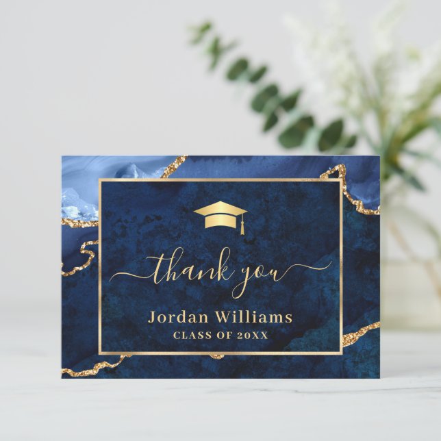 Carte De Remerciements Diplôme en Agate Marbre Bleu Doré Moderne (Debout devant)
