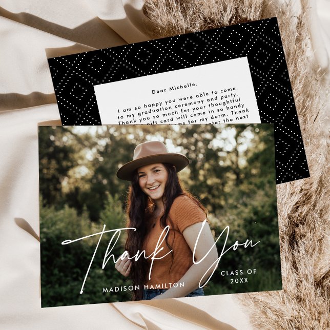 Carte De Remerciements Diplômé moderne blanc Script photo Graduation (Créateur téléchargé)