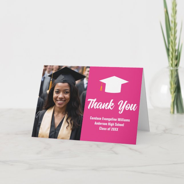 Carte De Remerciements Diplômé rose chaud Photo mignonne Plié Graduation (Devant)