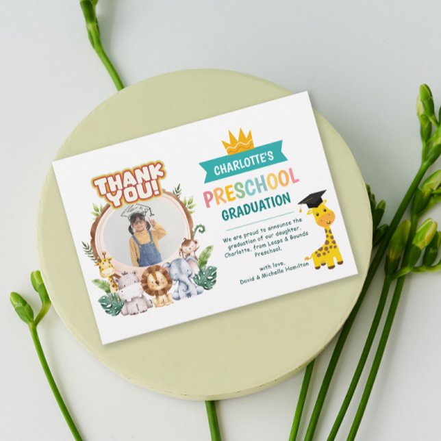 Carte de remerciements d'obtention d'un diplôme d' (Animal Preschool Photo Graduation Thank You Card)