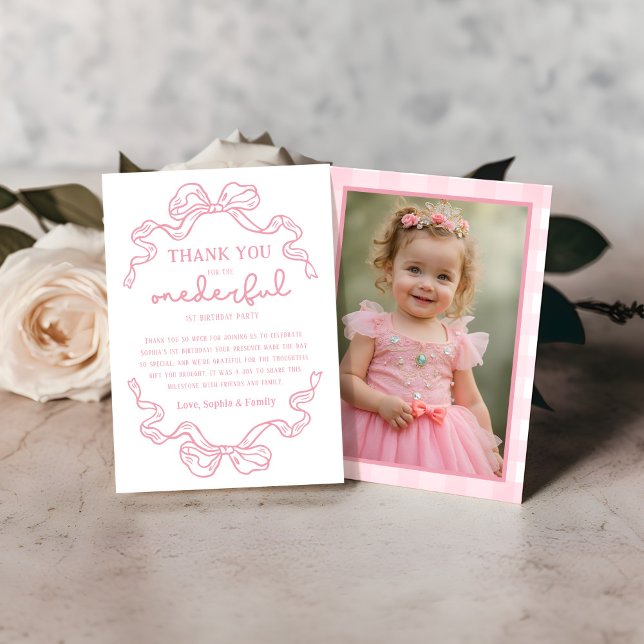 Carte De Remerciements Doodle Pink Bow Baby Girl 1er anniversaire Photo (Créateur téléchargé)